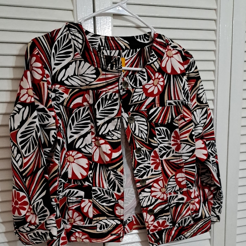 Ruby Rd. Red and Black Floral Jean Jacket